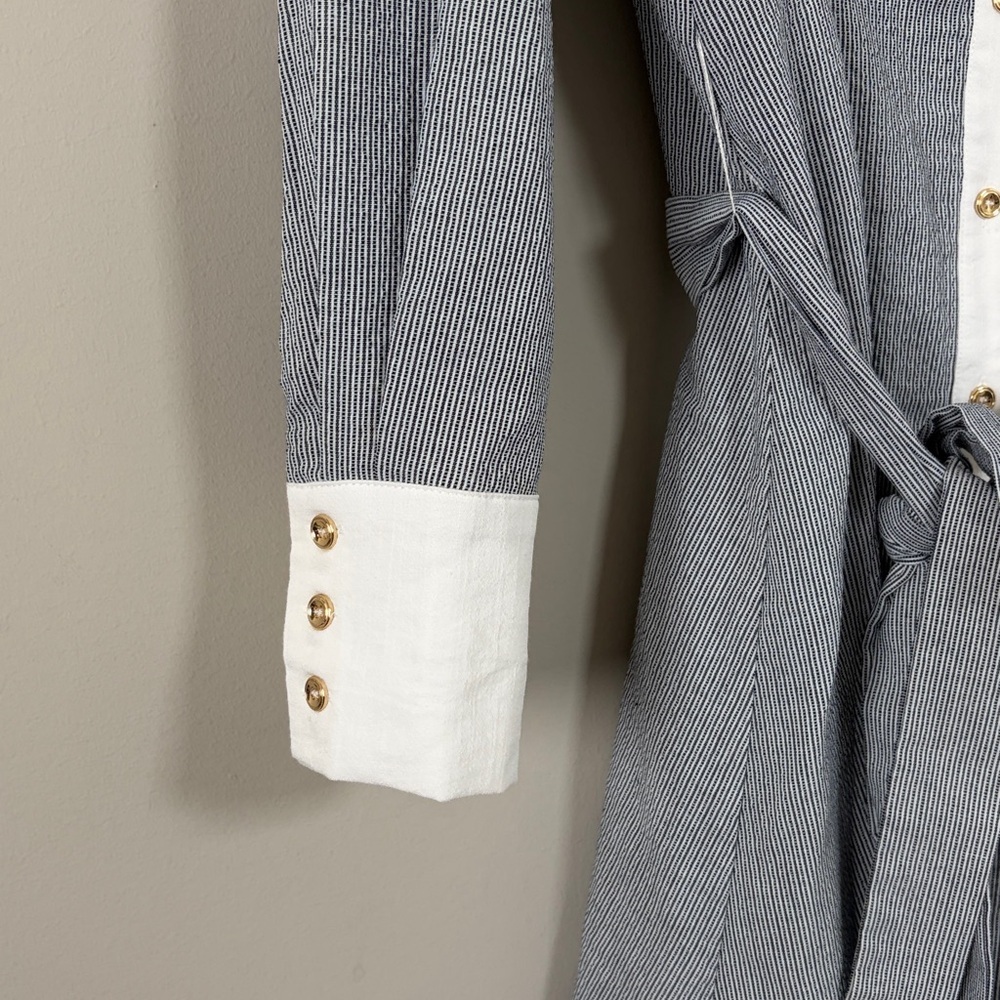 Club L BEATRIZ Grey Linen Pinstripe Mini Shirt Dress Long Sleeves Belted Sz 2 - Picture 7 of 15